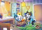  4_toes 5_fingers anthro black_fur black_nose blue_eyes brown_nose canine clothed clothing day detailed_background dog fox fur green_eyes husky inside mammal neotheta orange_fur smile toes window 