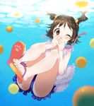  akagi_miria bad_id bad_pixiv_id ball bare_shoulders black_hair blush brown_eyes brown_hair collarbone covered_mouth covering_mouth feet flip-flops frills furururu hands_over_own_mouth holding_breath idolmaster idolmaster_cinderella_girls legs one_eye_closed sandals short_hair solo submerged toes two_side_up underwater 