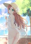  ass borrowed_character brown_hair day dress empty_eyes from_behind green_eyes hat highres karutamo long_hair looking_back minazuki_sarami no_panties original outdoors parted_lips see-through shaded_face solo sun_hat sundress translated 