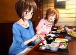  alternate_costume blush brown_hair chopsticks commentary_request eating food food_request girls_und_panzer holding holding_chopsticks hood hoodie multiple_girls nishizumi_maho nishizumi_miho pilky siblings sisters smile sparkle sushi wide-eyed 