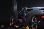  5_fingers anthro black_hair blue_eyes breasts canine car clothed clothing digitigrade female fur grey_fur hair mammal simple_background sitting smile solo vehicle wolf wolfirry 