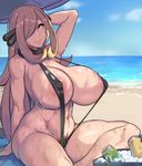  areola_slip areolae arm_up beach beach_umbrella black_swimsuit blonde_hair breasts can cooler covered_nipples day hair_over_one_eye huge_breasts long_hair looking_at_viewer metal_owl_(aden12) navel ocean outdoors pokemon pokemon_(game) pokemon_dppt pubic_hair shirona_(pokemon) sitting slingshot_swimsuit smile solo strap_gap sweat swimsuit thick_thighs thighs umbrella water yellow_eyes 