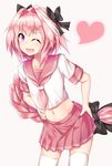  ;d astolfo_(fate) black_bow bow braid crop_top fang fate/apocrypha fate/grand_order fate_(series) hair_ribbon hands_on_hips heart highres leaning_forward long_hair looking_at_viewer male_focus midriff multicolored_hair navel nenosame one_eye_closed open_mouth otoko_no_ko pink_hair pink_skirt pleated_skirt purple_eyes red_sailor_collar red_skirt ribbon sailor_collar school_uniform serafuku single_braid skirt smile solo streaked_hair thighhighs very_long_hair white_legwear zettai_ryouiki 