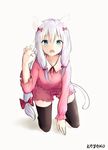  :o all_fours animal_ears blue_eyes blush bow cat_ears cat_tail claw_pose eromanga_sensei eyebrows_visible_through_hair fang hair_bow highres izumi_sagiri kayakooooo long_hair looking_at_viewer md5_mismatch open_mouth pet_play pink_bow signature silver_hair solo tail thighhighs 