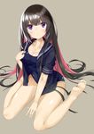  bangs barefoot black_hair black_serafuku blouse blush breasts cleavage closed_mouth collarbone commentary_request dated eyebrows_visible_through_hair full_body grey_background kavka large_breasts long_hair long_legs looking_at_viewer medium_breasts multicolored_hair open_blouse open_clothes original pink_hair purple_eyes school_uniform serafuku short_sleeves simple_background sitting solo swimsuit thighs very_long_hair wariza 