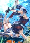  :d air_bubble bare_shoulders blue_hair brown_eyes bubble commentary_request coral finger_to_mouth fish gloves hair_between_eyes hat headphones highres i-13_(kantai_collection) i-14_(kantai_collection) index_finger_raised kantai_collection kneepits multiple_girls one-piece_swimsuit open_mouth partly_fingerless_gloves rock sailor_collar school_swimsuit short_hair shushing smile submerged swimsuit tsuuhan underwater upside-down 
