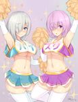  alternate_costume arm_up armpits arms_up artist_name bare_shoulders blue_eyes blue_skirt blush breasts cheerleader commentary_request dated elbow_gloves eyebrows_visible_through_hair eyes_visible_through_hair fate/grand_order fate_(series) gloves hair_ornament hair_over_one_eye hairclip hamakaze_(kantai_collection) heart hips kantai_collection kuavera large_breasts look-alike looking_at_viewer looking_to_the_side mash_kyrielight midriff multiple_girls navel open_mouth pink_hair pleated_skirt pom_poms purple_background purple_eyes purple_hair purple_skirt shiny shiny_skin short_hair sideboob silver_hair simple_background skirt smile sparkle sweat thighhighs thighs trait_connection twitter_username underboob white_gloves white_legwear 