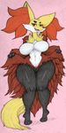  anthro big_breasts breasts delphox fangs female hypnofood looking_at_viewer navel nintendo open_mouth pok&eacute;mon red_eyes solo thick_thighs video_games wide_hips 