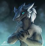  5_fingers anthro blue_eyes hair looking_at_viewer neotheta sergal simple_background smile white_hair 