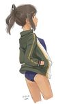  2017 ass blue_swimsuit brown_eyes brown_hair cowboy_shot dated flat_chest green_jacket hair_ornament hairclip hands_in_pockets i-401_(kantai_collection) jacket kantai_collection kawashina_(momen_silicon) ponytail profile school_swimsuit short_ponytail simple_background solo standing swimsuit swimsuit_under_clothes white_background 