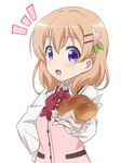  :d bangs blush bow bowtie bread breasts buttons collared_shirt commentary_request dress_shirt eyebrows_visible_through_hair food giving gochuumon_wa_usagi_desu_ka? hair_ornament hairclip hand_on_hip holding holding_food hoto_cocoa long_hair long_sleeves looking_at_viewer open_mouth orange_hair pink_vest purple_eyes rabbit_house_uniform red_bow red_neckwear red_star_(toranecomet) shirt simple_background small_breasts smile solo uniform upper_body vest white_background white_shirt wing_collar 