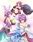  alternate_costume animal_ears bare_shoulders belt bikini bouquet breast_press breasts bridal_veil bride bride_(fire_emblem) bunny_ears bunny_tail camilla_(fire_emblem_if) cleavage cosplay detached_collar dress easter_egg egg elbow_gloves fake_animal_ears female_my_unit_(fire_emblem:_kakusei) fire_emblem fire_emblem:_kakusei fire_emblem:_monshou_no_nazo fire_emblem:_shin_monshou_no_nazo fire_emblem_heroes fire_emblem_if flower gloves hair_flower hair_ornament highres holding holding_bouquet jacket_on_shoulders jewelry katarina_(fire_emblem) looking_at_viewer medium_breasts mg_kurino my_unit_(fire_emblem:_kakusei) necklace o-ring o-ring_top pantyhose purple_bikini purple_hair sheeda short_hair sparkle_background swimsuit tail tearing_up veil wedding_dress white_dress 
