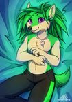  5_fingers anthro black_nose clothed clothing fur green_hair hair hedgehog jewelry mammal navel necklace neotheta purple_eyes smile tongue topless white_fur 