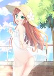  ass blush borrowed_character brown_hair commentary_request day dress from_behind graffiti green_eyes hat highres karutamo long_hair looking_back minazuki_sarami no_panties open_mouth original outdoors see-through smile solo sun_hat sundress 