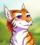  eyelashes feline fur inner_ear_fluff mammal neotheta orange_fur pink_nose purple_eyes smile tiger 