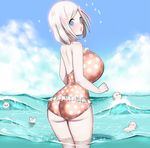  ass back banned_artist blue_eyes breasts day dskn freckles from_behind futo_momo_(dskn) hair_ornament huge_breasts looking_back ocean one-piece_swimsuit original pale_skin polka_dot polka_dot_swimsuit sheep short_hair silver_hair solo sparkle swimsuit wading 