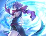  ass blue book dress fire_emblem fire_emblem:_shin_monshou_no_nazo fire_emblem_heroes floating_hair from_side highres holding holding_book katarina_(fire_emblem) magic mg_kurino puffy_short_sleeves puffy_sleeves purple_hair scarf short_dress short_hair short_sleeves shorts_under_dress solo wind 