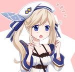  bare_shoulders beret blonde_hair blue_eyes breasts cleavage collarbone colorized cucouroux_(granblue_fantasy) eyebrows_visible_through_hair granblue_fantasy hat long_hair long_sleeves medium_breasts minuma_h ribbon solo twintails two-tone_background 
