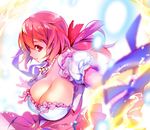  bow breasts cleavage closed_mouth flower_knight_girl huge_breasts jewelry looking_at_viewer magic mg_kurino necklace pink_bow ponytail profile red_eyes red_hair short_hair smile solo strawberry_candle_(flower_knight_girl) upper_body 