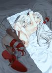  amatsukaze_(kantai_collection) ass ass_grab azame00 bad_anatomy bangs bed_sheet blurry breasts brown_eyes brown_legwear commentary_request depth_of_field hair_tubes hands_on_ass high_heels highres hug indoors kantai_collection leg_between_thighs long_hair looking_at_viewer lying multiple_girls nude on_side pillow revision shadow shimakaze_(kantai_collection) silver_hair small_breasts striped striped_legwear thighhighs yellow_eyes yuri 