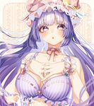  :o bangs blunt_bangs bra breasts cleavage crescent crescent_hair_ornament eyelashes hair_ornament hat large_breasts long_hair looking_at_viewer mob_cap mokokiyo_(asaddr) nail_polish neck_ribbon patchouli_knowledge purple_bra purple_eyes purple_hair ribbon ribbon-trimmed_bra ribbon_trim solo striped striped_bra touhou underwear upper_body very_long_hair wrist_cuffs 