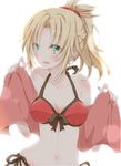  bikini blonde_hair braid breasts fate/grand_order fate_(series) green_eyes hiro_(hirohiro31) long_hair looking_at_viewer medium_breasts mordred_(fate)_(all) mordred_(swimsuit_rider)_(fate) navel open_mouth ponytail red_bikini short_hair simple_background smile solo swimsuit towel 