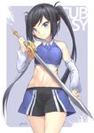  bad_id bad_pixiv_id black_hair blue_eyes blush breasts highres holding holding_sword holding_weapon large_breasts long_hair looking_at_viewer midriff mystic-san navel original pointy_ears smile solo sword twintails weapon 