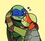  &lt;3 2017 anthro bandanna blue_eyes blush duo elbow_pads female freckles green_background hand_wraps hug inkyfrog leonardo_(tmnt) male male/female mask michelangelo_(tmnt) one_eye_closed reptile scalie shell simple_background smile teenage_mutant_ninja_turtles turtle wraps 