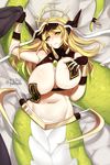  1girl artist_name bed_sheet blonde_hair blush breasts closed_mouth eyebrows_visible_through_hair fingerless_gloves gloves hand_on_breast horns huge_breasts lamia long_hair looking_at_viewer lying monster_girl navel ofuda on_back original pasties scales solo teru_(renkyu) yellow_eyes 