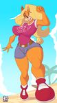  2017 4_fingers anthro bandicoot beach belt big_breasts black_nose blonde_hair blue_sky breasts clothed clothing cloud countershade_face countershading crash_bandicoot crash_bandicoot_(series) day detailed_background digital_media_(artwork) eyebrows eyebrows_visible_through_hair female fist footwear front_view full-length_portrait fully_clothed fur green_eyes grin hair hair_over_eye legwear lionalliance lips long_hair long_nose looking_at_viewer mammal marsupial multicolored_fur nipple_bulge orange_fur outside palm_tree perspective pink_clothing pink_shirt pink_topwear portrait purple_bottomwear purple_clothing purple_shorts red_footwear red_shoes sand seaside shirt shoes short_sleeves short_tail shorts signature sky smile socks solo standing t-shirt tan_countershading tan_fur tawna_bandicoot teeth thigh_gap tree video_games walking white_socks yellow_fur yellow_tail 