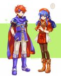  1girl 2900cm armor blue_eyes blue_hair blush book cape dress fire_emblem fire_emblem:_fuuin_no_tsurugi full_body gloves hat highres jewelry lilina long_hair pantyhose red_hair roy_(fire_emblem) short_hair simple_background 