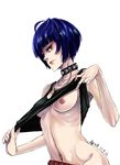  belt blue_hair breasts collar navel_piercing necklace nipples persona persona_5 piercing red_eyes shirt_pull takemi_tae 