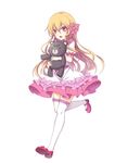  blonde_hair blush character_request eyebrows_visible_through_hair full_body holding holding_stuffed_animal koissa long_hair looking_away mary_janes open_mouth original red_eyes shoes solo stuffed_animal stuffed_toy teddy_bear thighhighs 