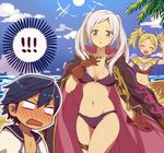  2girls beach bikini blonde_hair blue_eyes blue_hair blush breasts brother_and_sister cape chibi closed_eyes commentary_request day female_my_unit_(fire_emblem:_kakusei) fire_emblem fire_emblem:_kakusei fire_emblem_heroes hair_ornament hiyori_(rindou66) hood krom liz_(fire_emblem) long_hair medium_breasts multiple_girls my_unit_(fire_emblem:_kakusei) navel open_mouth outdoors short_hair short_twintails siblings sky smile swimsuit twintails white_hair 