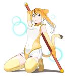  :o blush brown_eyes brown_hair circlet commentary_request covered_navel elbow_gloves gloves golden_snub-nosed_monkey_(kemono_friends) highleg highleg_leotard highres holding holding_staff kasa_list kemono_friends kneeling leotard monkey_tail multicolored_hair open_mouth orange_hair shoes skirt solo staff tail thighhighs thighs white_hair yellow_footwear yellow_gloves yellow_legwear yellow_leotard 