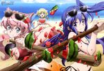  absurdres beach bikini blonde_hair blue_eyes blue_hair blush breasts brown_hair day elfnein eyewear_on_head food fruit h-new hair_ornament halterneck highres kazanari_tsubasa large_breasts long_hair maria_cadenzavna_eve multiple_girls navel ocean official_art one_side_up open_mouth pink_hair purple_eyes reverse_grip senki_zesshou_symphogear short_hair side-tie_bikini smile stick suikawari sunglasses swimsuit very_long_hair water watermelon 