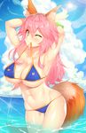  animal_ears arms_up bikini blue_bikini blush bracelet breasts cleavage cloud day fang fate/grand_order fate_(series) fox_ears fox_tail highres jewelry large_breasts long_hair looking_at_viewer md5_mismatch mouth_hold navel one_eye_closed pink_hair sky smile solo sun swimsuit tail tamamo_(fate)_(all) tamamo_no_mae_(fate) tamamo_no_mae_(swimsuit_lancer)_(fate) wading wet yellow_eyes yuruto 