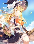  :t apron bad_id bad_pixiv_id basket black_bow black_hat black_ribbon black_skirt blonde_hair blue_sky bow braid broom broom_riding commentary day fan frown hair_bow hat hat_bow kirisame_marisa long_hair mushroom nuudoru pout ribbon ribbon-trimmed_sleeves ribbon_trim short_sleeves side_braid skirt skirt_set sky solo star sweat touhou vest waist_apron white_bow witch_hat yellow_eyes 