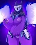  2017 anthro areola avian beak bird breasts claws feathers fur high_priest&#039;s_lightsworn_seeker lonbluewolf looking_at_viewer multicolored_feathers nipples owl purple_feathers purple_fur pussy solo two_tone_feathers video_games warcraft white_eyes 