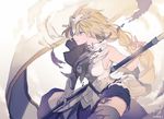  armor bangs blonde_hair blue_eyes braid breasts closed_mouth commentary_request dated fate/apocrypha fate_(series) faulds from_side hatutaro jeanne_d'arc_(fate) jeanne_d'arc_(fate)_(all) long_hair medium_breasts single_braid solo standard_bearer standing thighhighs 