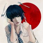  bad_id bad_pixiv_id bent_spoon black_eyes black_hair breast_pocket collared_shirt commentary_request dress_shirt expressionless floating fork head_in_hand head_rest head_tilt holding holding_spoon knife lips long_sleeves looking_at_viewer moon original parted_lips pocket red_moon shirt short_hair silverware simple_background sleeves_rolled_up solo spoon wataboku white_background white_shirt wing_collar 