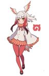  bangs blunt_bangs breasts empty_eyes eyebrows_visible_through_hair full_body head_wings japanese_crested_ibis_(kemono_friends) japari_symbol kemono_friends kugi_ta_hori_taira looking_at_viewer mary_janes multicolored_hair pantyhose pleated_skirt red_hair red_legwear shoes sidelocks simple_background skirt sleeves_past_wrists small_breasts solo standing standing_on_one_leg two-tone_hair white_background white_hair wide_sleeves 