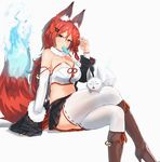  animal animal_ears animal_on_lap bare_shoulders bell black_skirt boots braid breasts cleavage commentary crop_top crossed_legs detached_sleeves ehrrr food fox fox_ears fox_tail fur_collar hair_ornament hairclip highres jingle_bell knee_boots large_breasts long_hair looking_at_viewer midriff mouth_hold navel original ponytail popsicle red_hair ribbon-trimmed_legwear ribbon_trim short_braid side_braid simple_background single_braid sitting skirt solo tail thighhighs white_background white_legwear yellow_eyes 