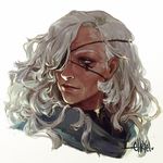  ana_(overwatch) brown_eyes dark_skin eyepatch facial_tattoo grey_hair hair_down hair_over_one_eye lips long_hair messy_hair nose old_woman one-eyed overwatch portrait solo tattoo white_background x-arielle 