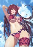  absurdres arm_up armpits ass_visible_through_thighs bikini blue_sky bracelet breasts cloud cloudy_sky contrapposto cowboy_shot day fate/grand_order fate_(series) flower from_below hair_flower hair_ornament hibiscus highres jewelry large_breasts leg_garter long_hair looking_down navel outdoors paid_reward parted_lips patreon_reward petals pink_bikini purple_eyes purple_hair raijuu_(bakanara) scathach_(fate)_(all) scathach_(swimsuit_assassin)_(fate) sky solo sparkle standing sunlight swimsuit underboob very_long_hair 