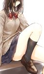  bangs black_legwear blue_skirt brown_footwear brown_hair brown_sweater commentary_request head_out_of_frame highres knee_up kneehighs loafers long_hair matsuda_hikari original parted_lips pleated_skirt school_uniform shoes sitting skirt solo sweater thighs 