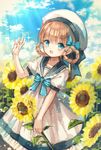  blue_bow blue_eyes blue_nails blush bow brown_hair flower hair_bow hat highres looking_at_viewer nail_polish open_mouth original short_hair smile solo sunflower white_hat yumeichigo_alice 