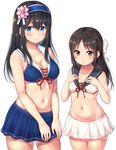  black_hair blue_eyes blush breasts brown_eyes cleavage collarbone flower hair_flower hair_ornament hairband highres idolmaster idolmaster_cinderella_girls large_breasts light_smile long_hair looking_at_viewer multiple_girls navel rangen sagisawa_fumika sailor_beach_wear_(no.s_project) sailor_bikini sailor_collar simple_background skirt small_breasts stomach tachibana_arisu white_background 