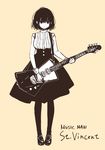  bangs bob_cut closed_mouth commentary_request full_body guitar high-waist_skirt highres holding holding_instrument instrument loafers looking_down matsuda_hikari meme_attire monochrome music_man_st._vincent original pantyhose shoes short_hair skirt sleeveless solo virgin_killer_outfit 