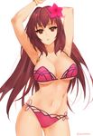  armpits arms_up bikini bracelet breasts cleavage fate/grand_order fate_(series) flower hair_flower hair_ornament hibiscus highres jewelry large_breasts long_hair looking_at_viewer navel open_mouth purple_hair red_eyes scathach_(fate)_(all) scathach_(swimsuit_assassin)_(fate) sendrawz solo swimsuit 